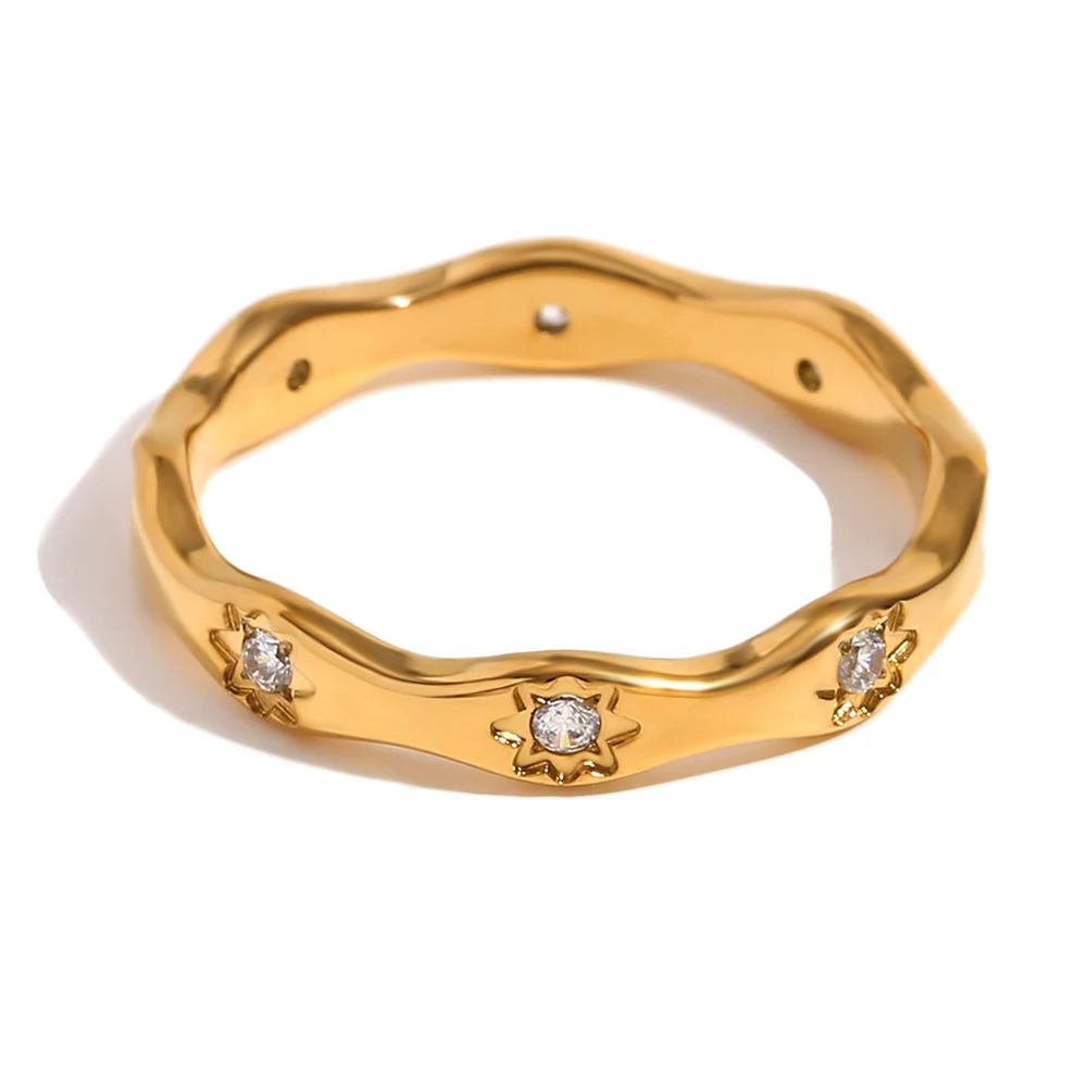 E.B.belle Strass Acht Awn Ster Golfvorm Ring Roestvrij Staal 18k Vergulde Prachtige Vrouwen Sieraden Voor Party Dating - afbeelding 2