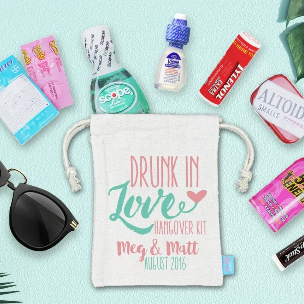 20 pcs Custom Personalized Drunk In Love Hangover Kit Wedding Welcome Bag|Assembled Favor Bag with Supplies|Hangover Kit