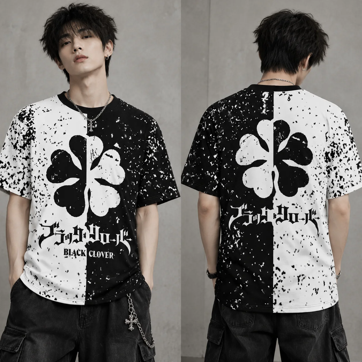 Split Black White Splash Clover Graphic T-shirt Unisex Plant Print Tee Gothic Letter Casual Summer Short Sleeve Streetwear Top