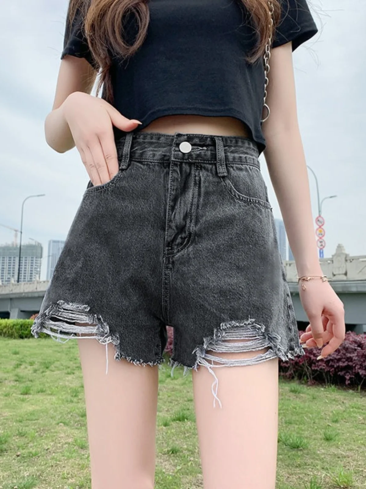 

High Waist A-Line Denim orts Women's Summer Slimming Korean Sle Loose Wide Leg Hot Pants Asymmetrical Frayed
