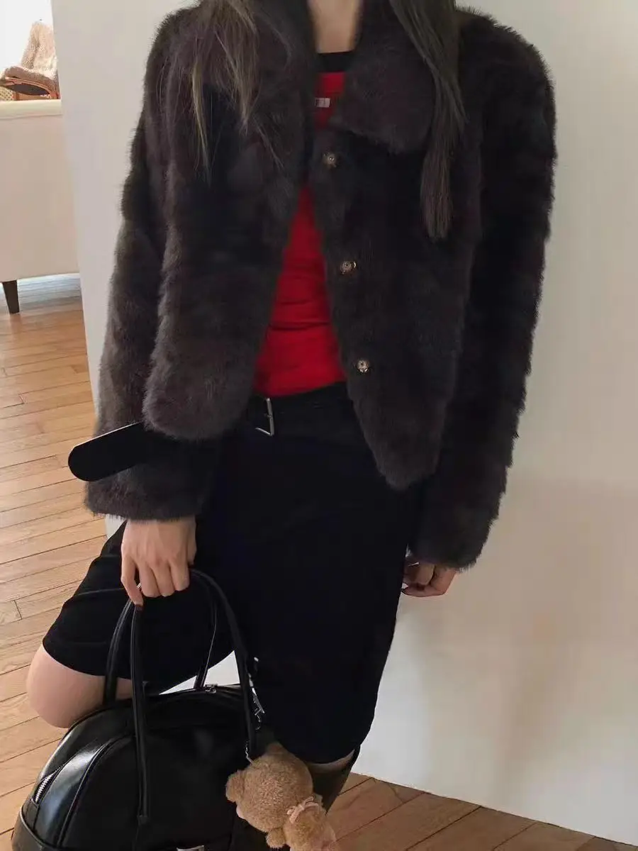 인조 모피 여성 코트 봄 아우터 빈티지 인조 칼라리스 개성 있는 랩 스타일 미니멀리스트 버튼