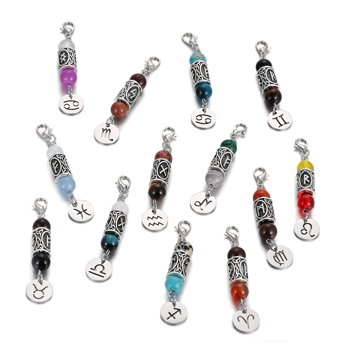 New Natural Stone 12 Zodiac Rune Keychain Silver Color Carved Round Pendants KeyRing for Women Men Birthday Gift
