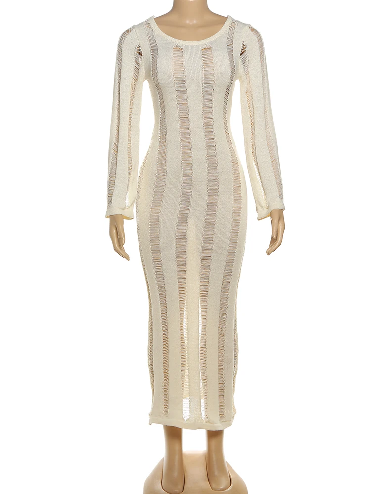 Kliou Crochet Elegant Long Dress Woman Contrast Stripe o-Neck Full Sleeve Backless Skinny Stretch Daily Casual Simple Vestidos