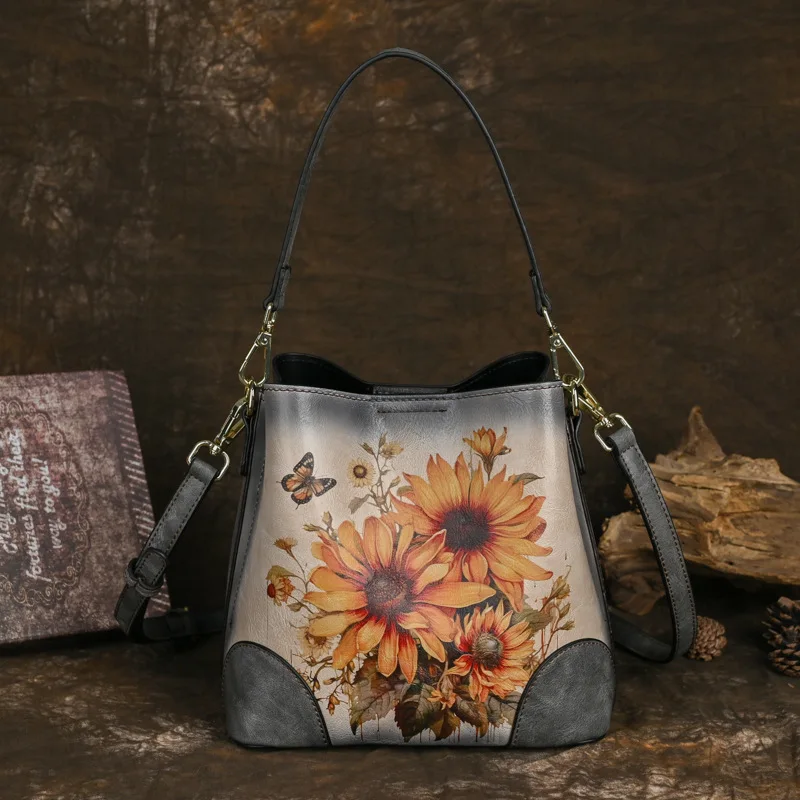 

Johnature 2025 New Women's Bucket Bag Soft Leather Handbag Chinese Style Retro Painted Versatile Shoulder Bags