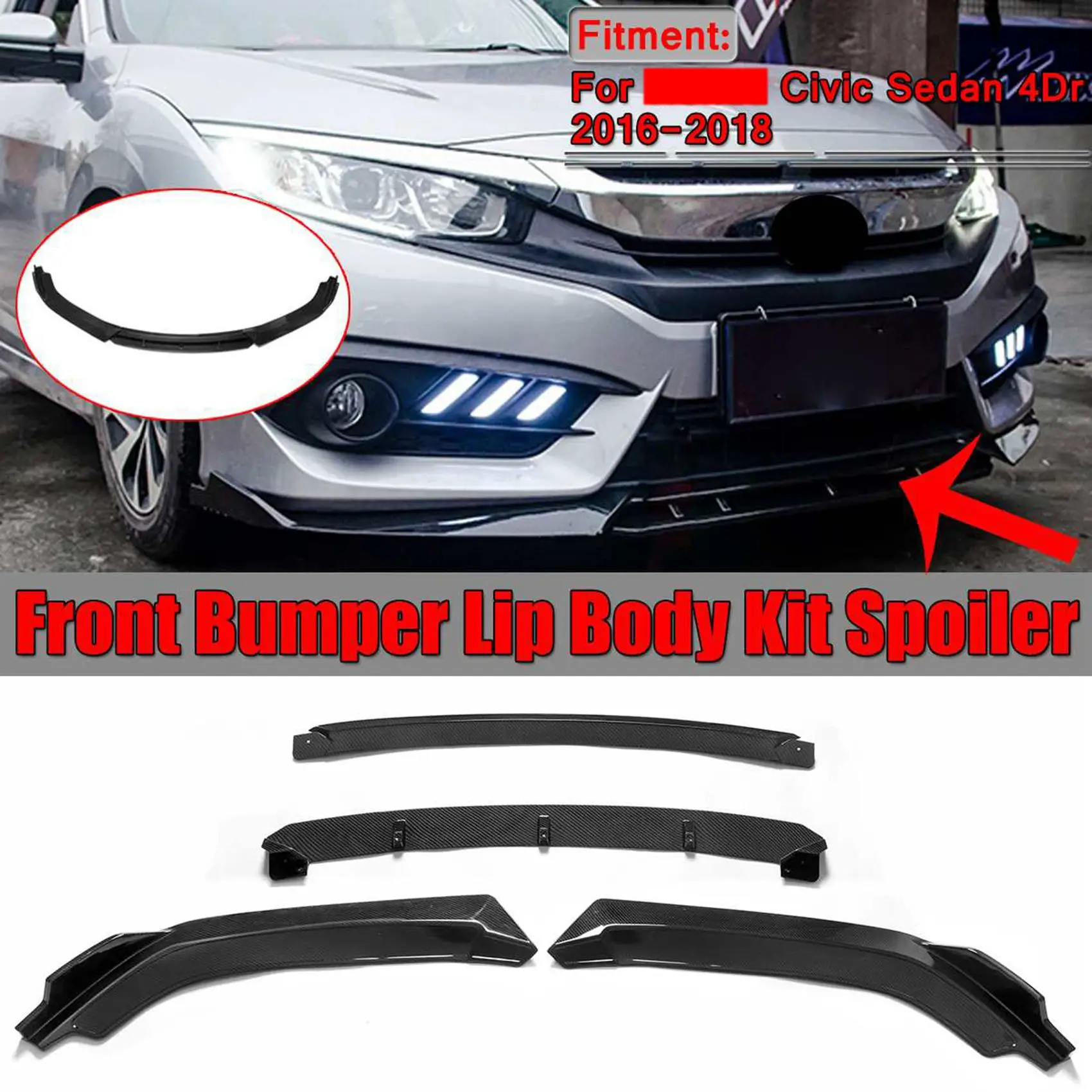 4PCS Car Front Bumper Spoiler Splitter Lip Body Kit Cover Trim for Honda Civic Sedan 4Dr 2016 2017 2018 Carbon Fiber