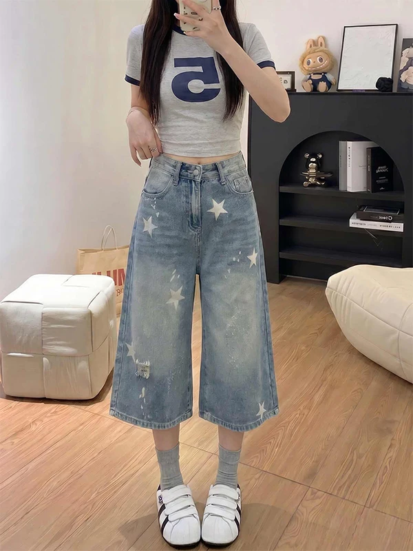 

Retro Star Print Loose Women's Jeans American Style Summer New plus Size Wide Leg Seven Pants Casual High Waist Denim