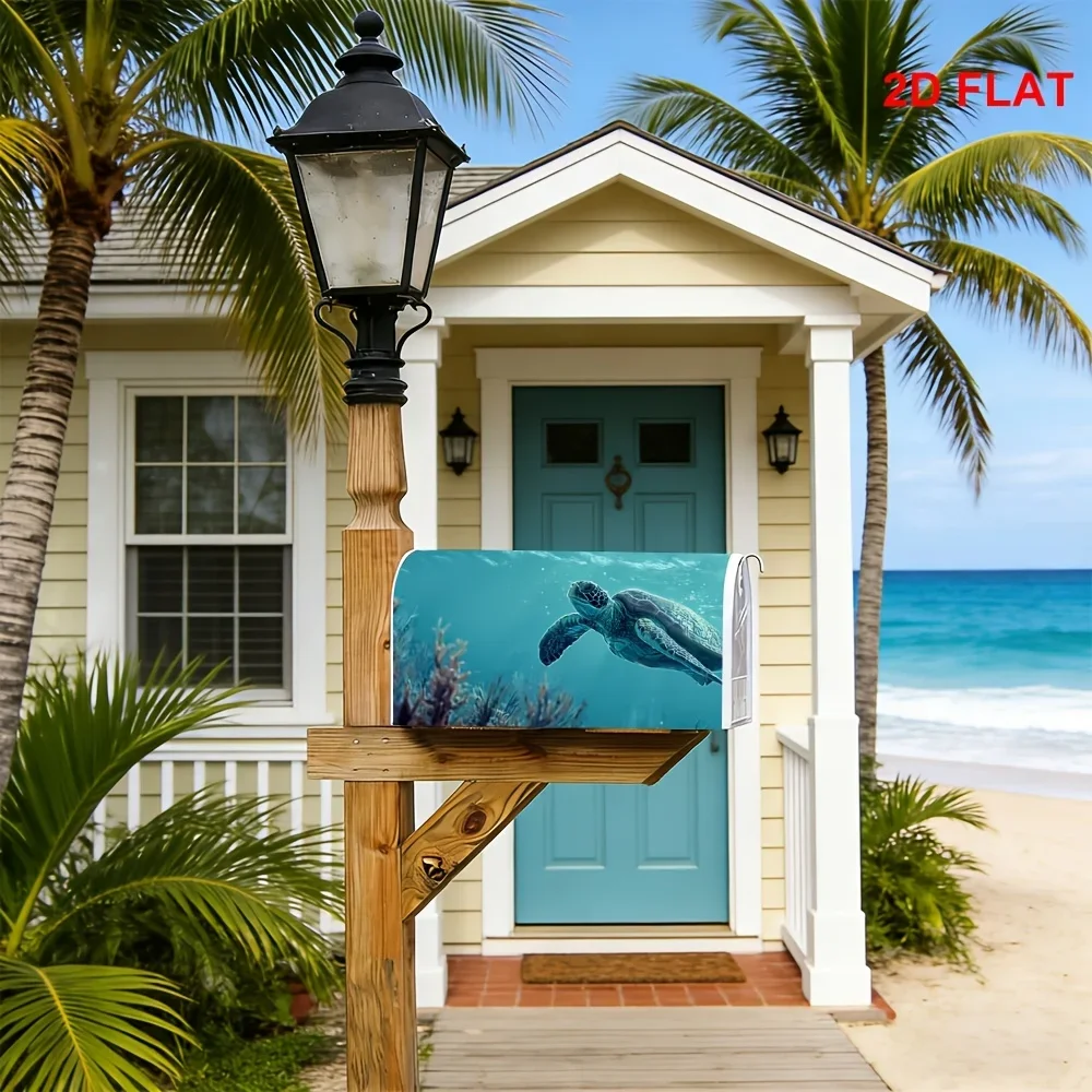 1pc Sea turtle mailbox cover with underwater coral reef design, suitable for outdoor mailbox decoration for yards and gardens.