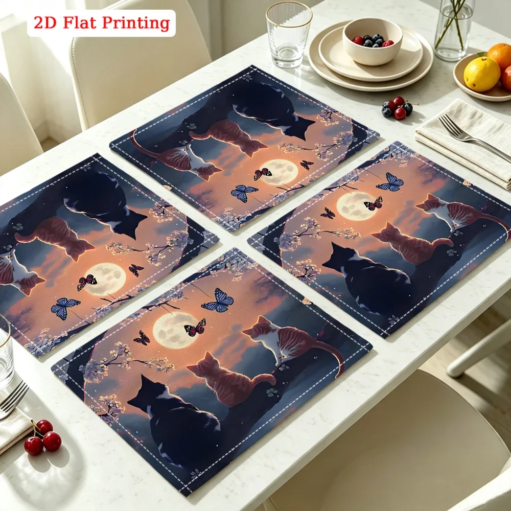 4Pcs Cat Moon Butterfly Placemat Orange Blue 2D Flat Printing Table Mat Kitchen Dining Decor Non Slip Heat Resistant 30X45cm