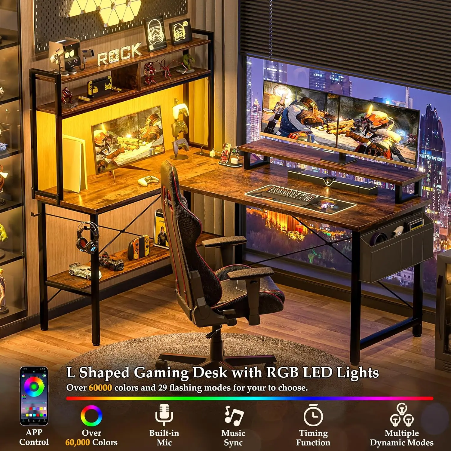 L Shaped Gaming Desk with Power Outlets & LED Lights, Small L-Shaped Desk Computer Corner Desk with Monitor Stand & Storage Shel