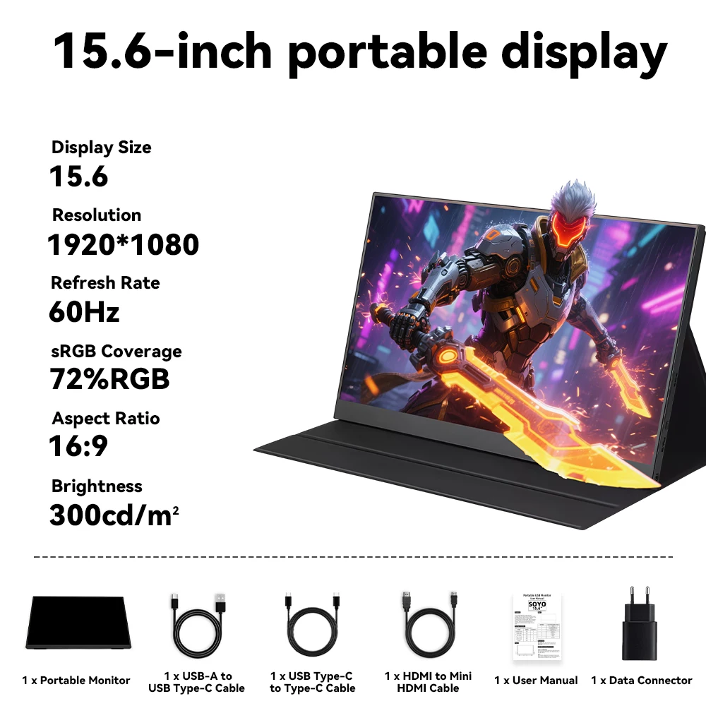 SOYO 15.6" Portable Monitor 1920x1080 IPS 60Hz  HDR Type-C*2 Mini HDMI Phone PC Mac Mini Mac Book Laptops and Other DEvices