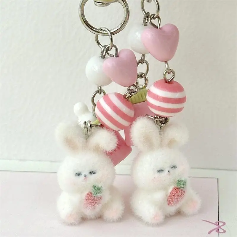 

Lovely Animal Rabbit Bottle Flocking Bunny Keychain Pendant Backpack Ornaments Bag Lanyard Phone Chain Couple Gifts