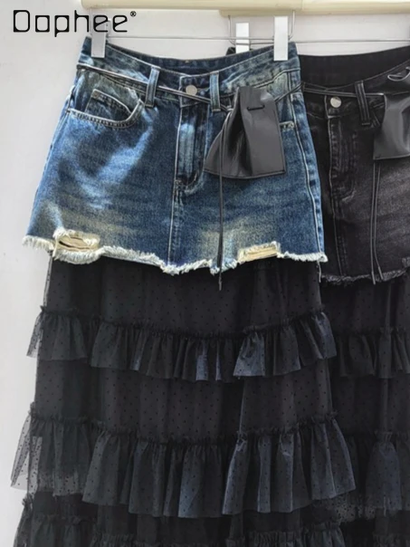 

Korean Style Trendy Denim Patchwork Polka Dot Cake Skirt Street Sweet High Waist Slimming A-line Skirts Retro Mid-length Skirt