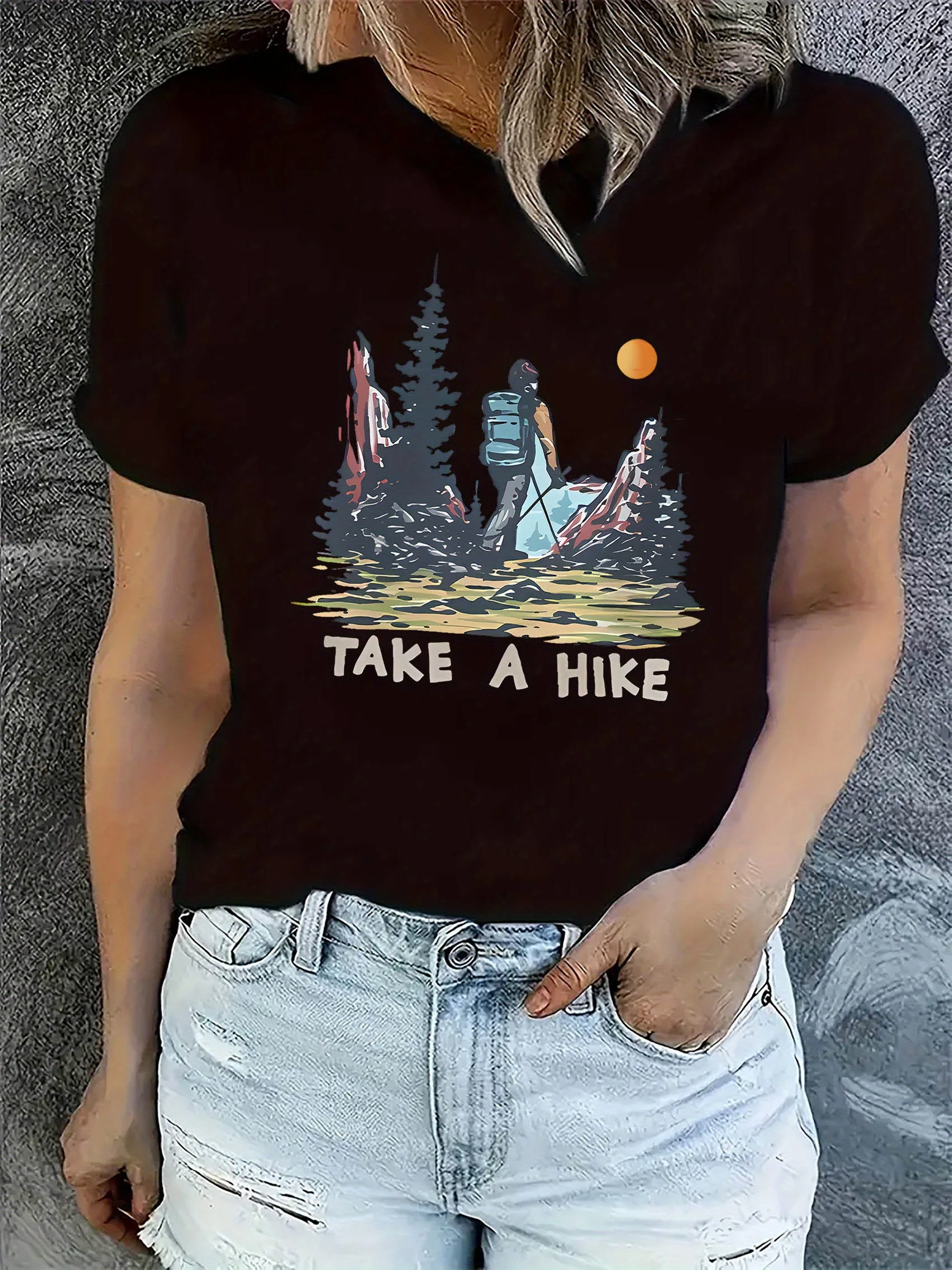 تي شيرت نسائي كاجوال برسومات Hiker بأكمام قصيرة Harajuku ملابس كاجوال بأكمام قصيرة ملابس علوية للشارع ملابس جمالية