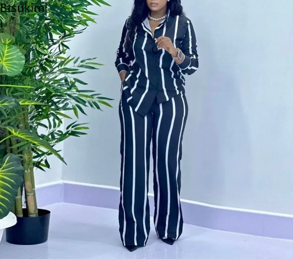 Fashion Elegant Two Piece Set Women's Striped Print Long Sleeve Lapel Button Shirts and Pants Casual Suit Ladies African Clothes
