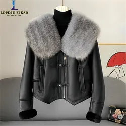 Faux Fur Coat for Women,Single Breasted Short PU Jackets, Thicken Overcoat,Fox Fur Collar, Female Clothes, New, Winter,2024