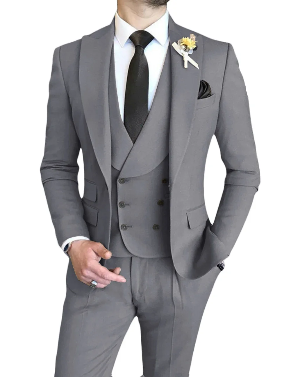 3Pcs Formal Men Suits Slim Fit Double Breasted Groom Formal Business Male Blazer Set Shawl Collar Wedding (Jacket+Vest+Pants)