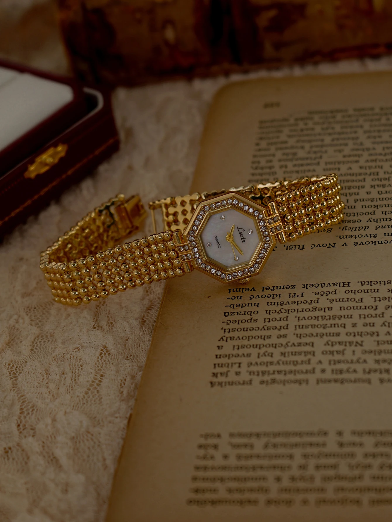 1 new gold ladies quartz watch octagonal case inlaid with rhinestones stainless steel strap design niche ladies waterproof watch