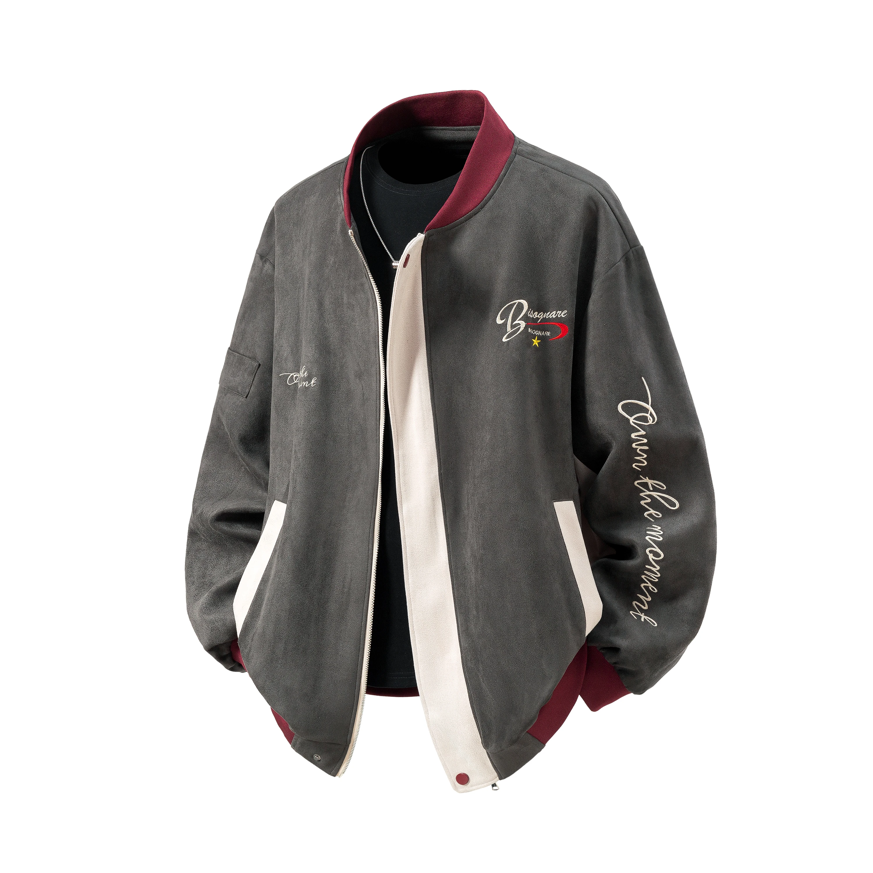 

American style embroidered color blocked design jacket, stylish round neck baseball jacket, men's loose jacket