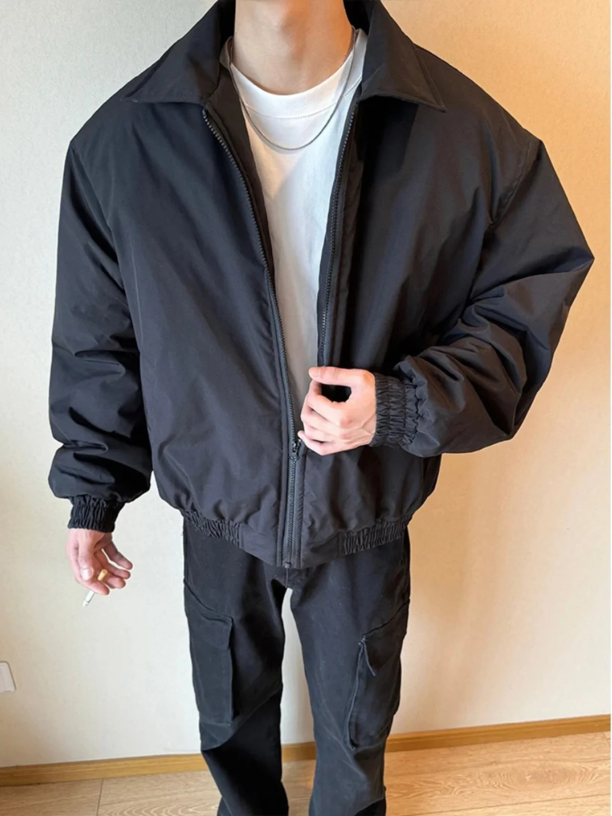 

American Sle ort Cotton Jaet for Men Thiened Warm Turn-down Collar Bomber Coat with Cotton Fill Winter Outerwear