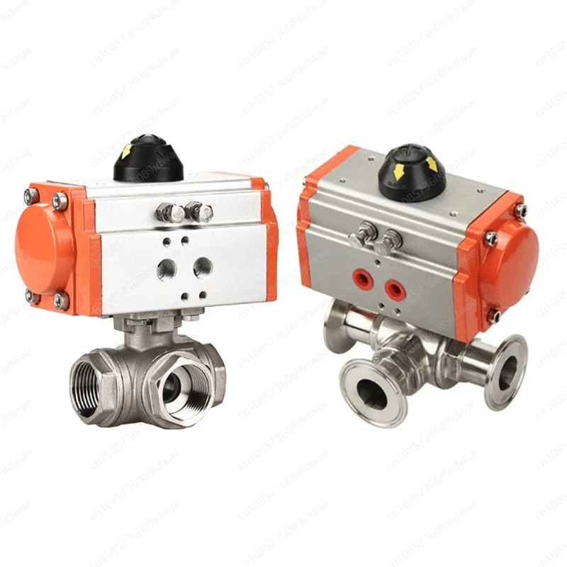 Food grade DN50 DN25 3 way T port ferrule type sanitary 3pc pneumatic actuated ball valve