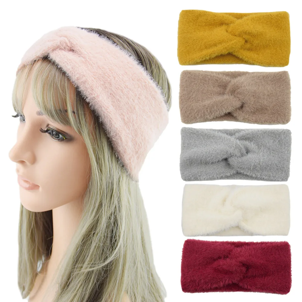 

Solid Color Imitation Mink Cashmere Wide Headband Cross Knot Fluffy Bow Hairband For Women Winter Ear Warmer Cycling Yoga Turban