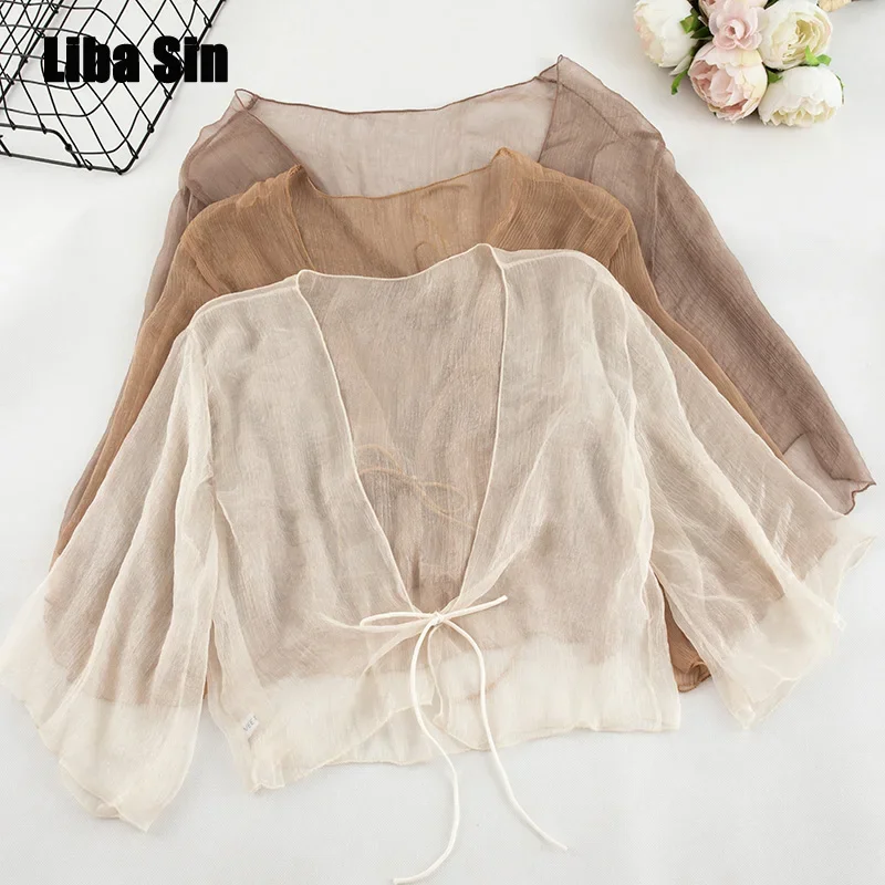 Zik Hekiy Women Summer Crinkle Chiffon Cardigan Sheer Casual Hawaii Style See Through Transparent Loose Top For Vacation