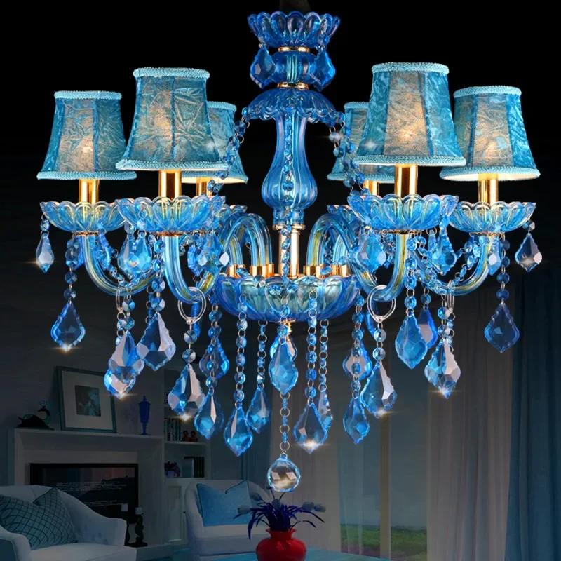 European Blue Crystal Chandelier Mediterranean Art Pendant Light for Coffee Shop Hotel Clubhouse Clothing Store Cafe Decor