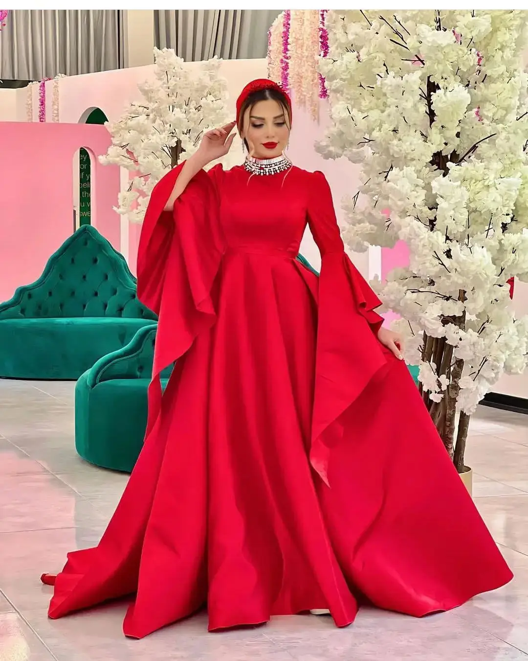 

Noble Red A-Line High Neckline Prom Dress Long Sleeves With Floor Length Evening Summer Elegant Party Dress For Women2023