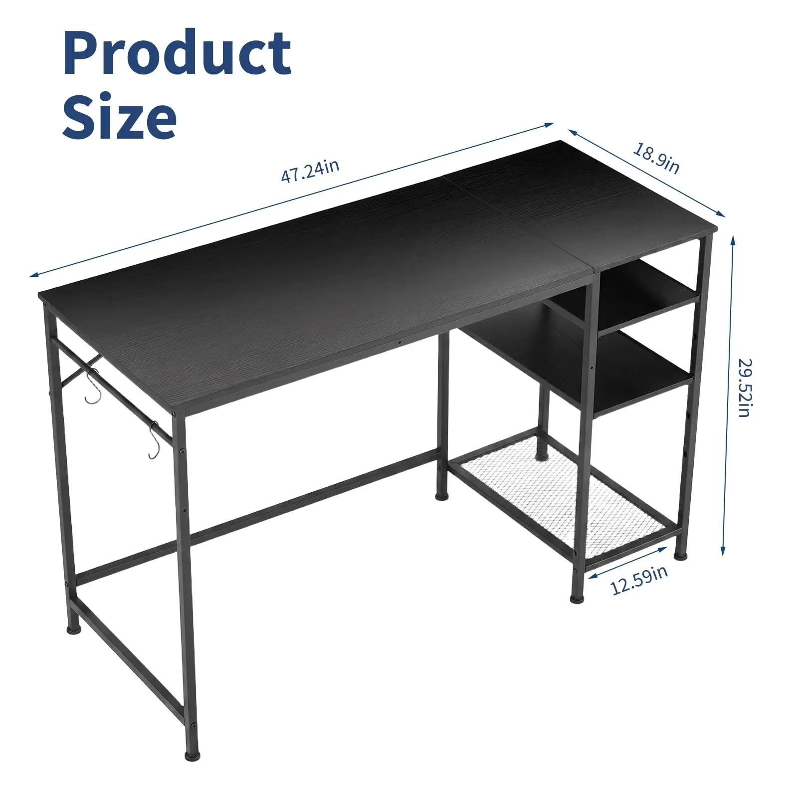 Modern Metal Frame Computer Desk for Home Office, Writing Study Table with 3-Tier Side Storage Shelves, Writing Study Workstation for Bedroom Study Room