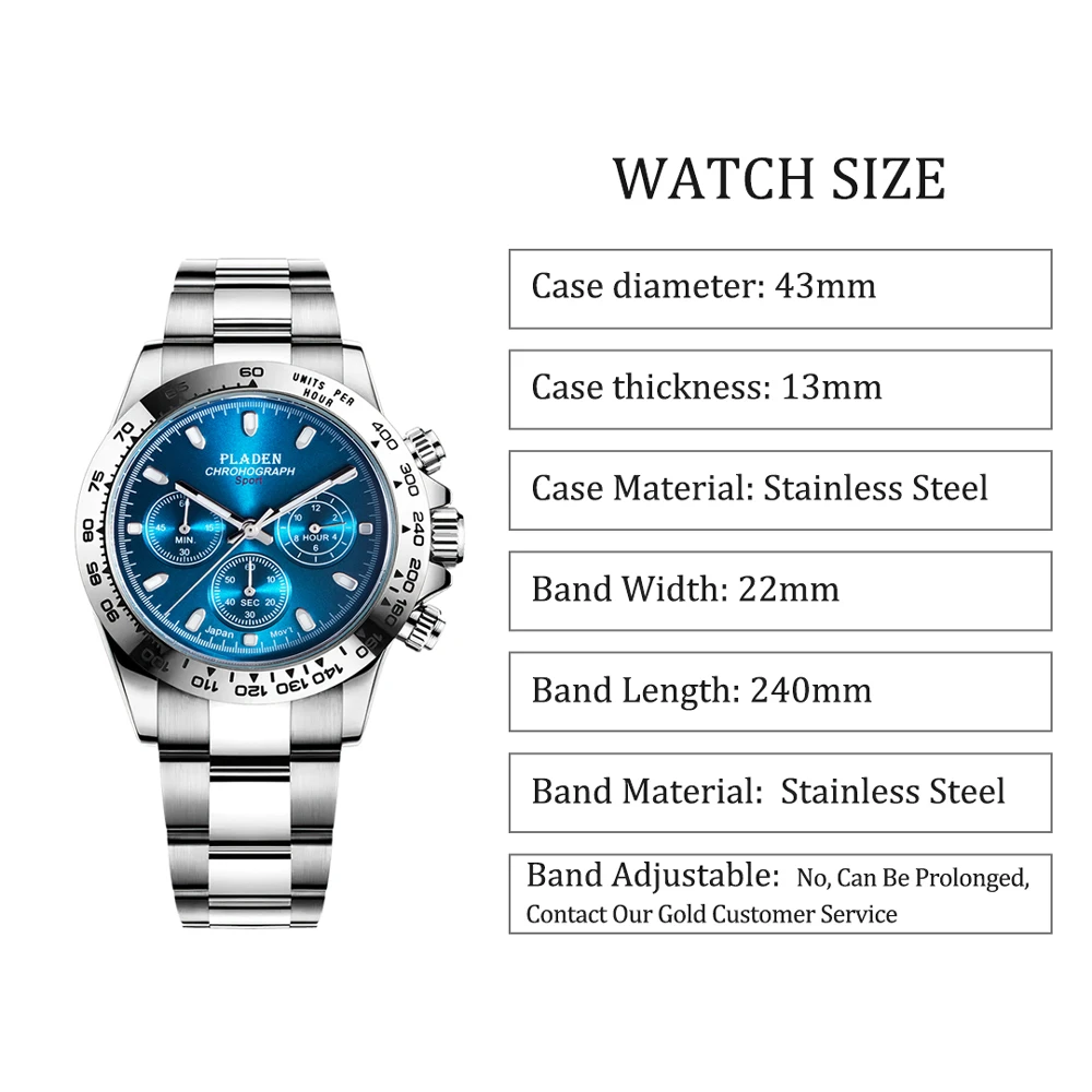 PLADEN Business Watches For Men Chronograph Waterproof Wristwatch Quartz Multifunctional Stainless Steel Relogio Masculino Gift