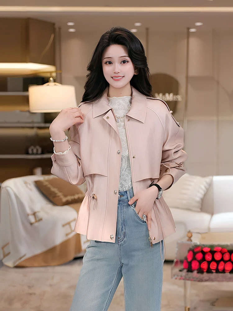 

Fashionable Short Pink Island Windbreaker Jacket Women's Spring Autumn Design Sensation Casual Style Pure Color Polyester Fabric