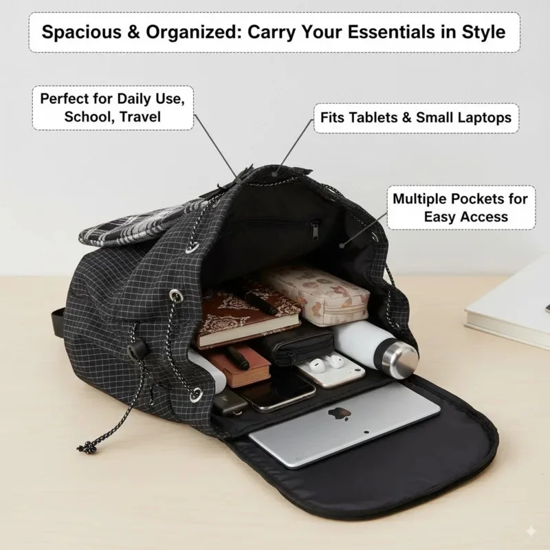 Bunny Backpacks Cat Y2K Grid Ear Bone Backpacks Versatile Cute Student Black White Plaid Bow Lightweight High Capacity Backpacks