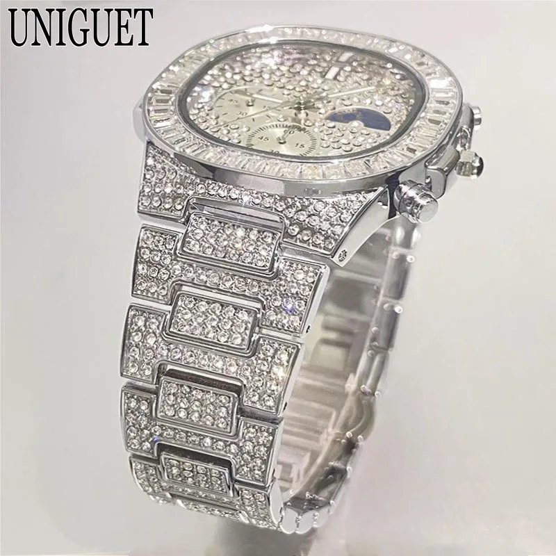 Fashion Ice Watches Men Brand UNIGUET Luxury Stainless Steel Hip Hop Full Diamond Bling Jewelry Quartz Wristwatch Man Hot Sell