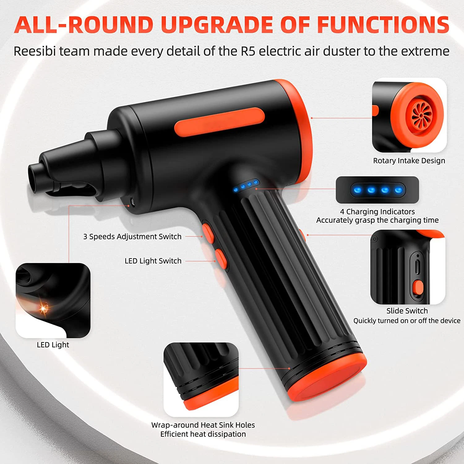 Imagem -02 - Cordless Air Blower Duster Elétrico 90000rpm sem Fio 90w Brushless Gel Gun Cleaner para pc Computador Teclado Carro de Limpeza Laptop
