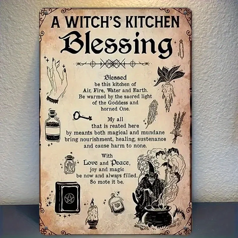 "A Witch's Kitchen Blessing" Metal Wall Plaque -   Iron Decor, Rustic Style for Home, Living Room, Garden - Durable, High-Qualit