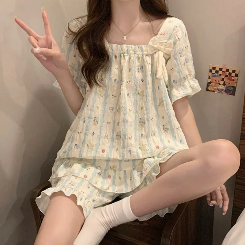 Women Pajamas Women Chest Pads Square Neck Spring Summer Girl Student Short Sleeve Pajamas Thin Summer Set Lady clothes Pajamas