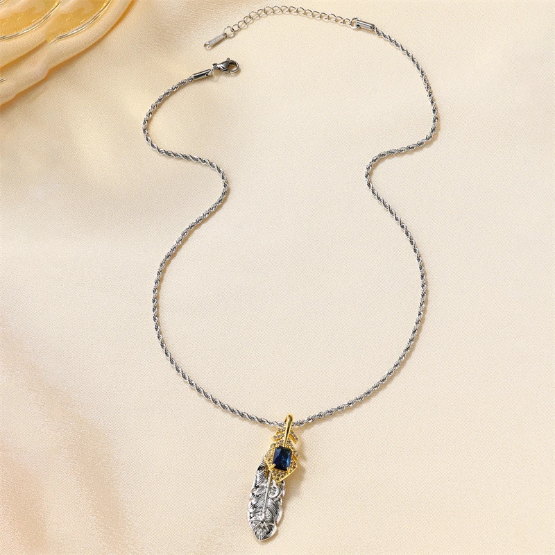 Auxauxme Vintage 2 Feather Shape Black Zircon Pendant Moon Start Necklace for Women Simple Party Jewelry Gifts