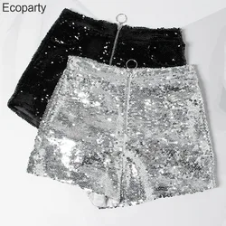 Sexy Women Sequin Shorts Summer High Waist O-Ring Zip Bodycon Shorts Feminino Skinny Party Club Festival Raves Pole Dance Shorts