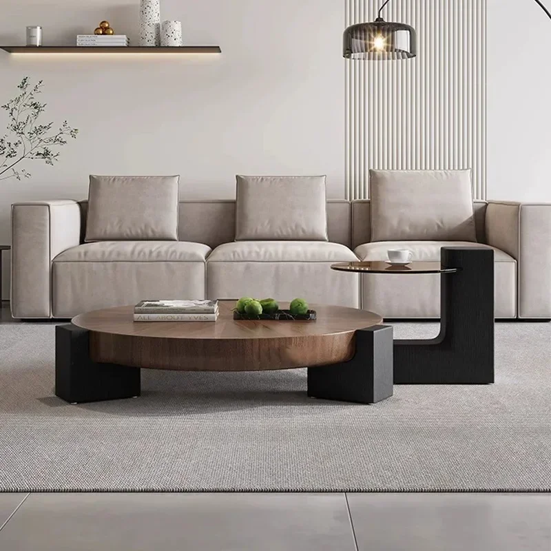 Coffee table living room, Italian minimalist solid wood pattern coffee table combination round