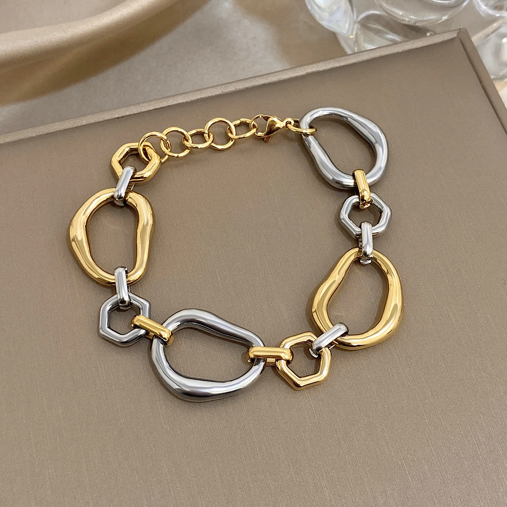 Unregelmäßige Geometrische Kreis-Ketten-Armbänder für Frauen Modisches Zweifarbiges Edelstahl-Armband Wasserdichter Schmuck