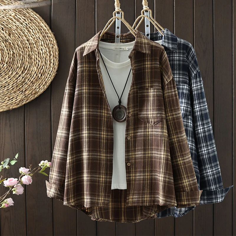 Autumn New Vintage Plaid Casual Shirt Long Sleeve Loose Women's Open Cardigan Thin Outerwear Top Commute Style Cotton Blend