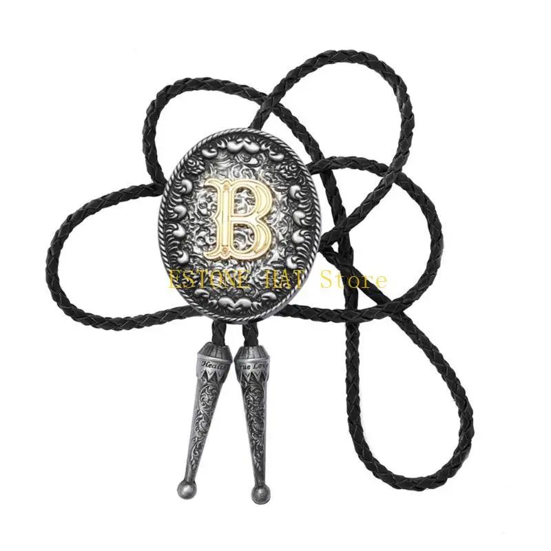 49MF Cowboy Braided Leather Rope Bolo Tie Necktie with Metal Initial Letter Pendant for Men Women Parties and Casual Wear