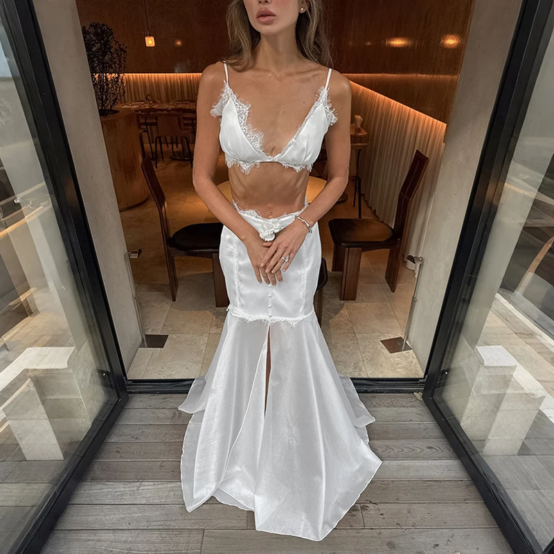 Typhaland Sexy Lace Dress Sets Women's Satin Splice Short Tanks Top Sleeveless Slit Maxi Skirt 2 Piece Set Fashion Summer Suit