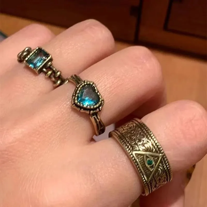 Vintage 5 Style Twisted Chain Pattern Open Ring for Women Men Gothic Blue Heart-Shaped Zircon Design Ring Y2K Punk Ins Jewelry