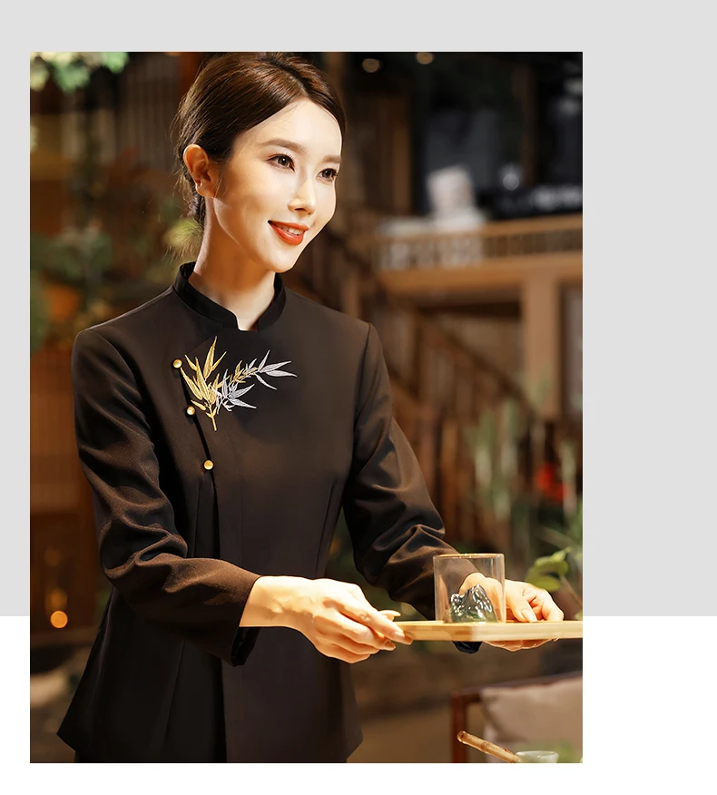Uniforme de travail de Restaurant de Style chinois à manches longues pour femmes, tenue de serveuse d'hôtel de luxe, uniforme de nettoyage élégant, tenue de serveur, 2025