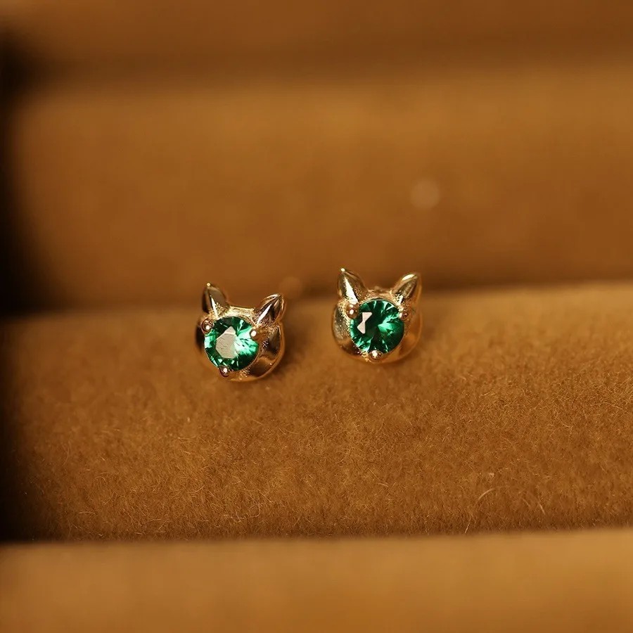 CCFJOYAS Mini Cute Cat Head 925 Sterling Silver Stud Earrings for Girl Green Zircon Animal Simple Women Fashion Jewelry