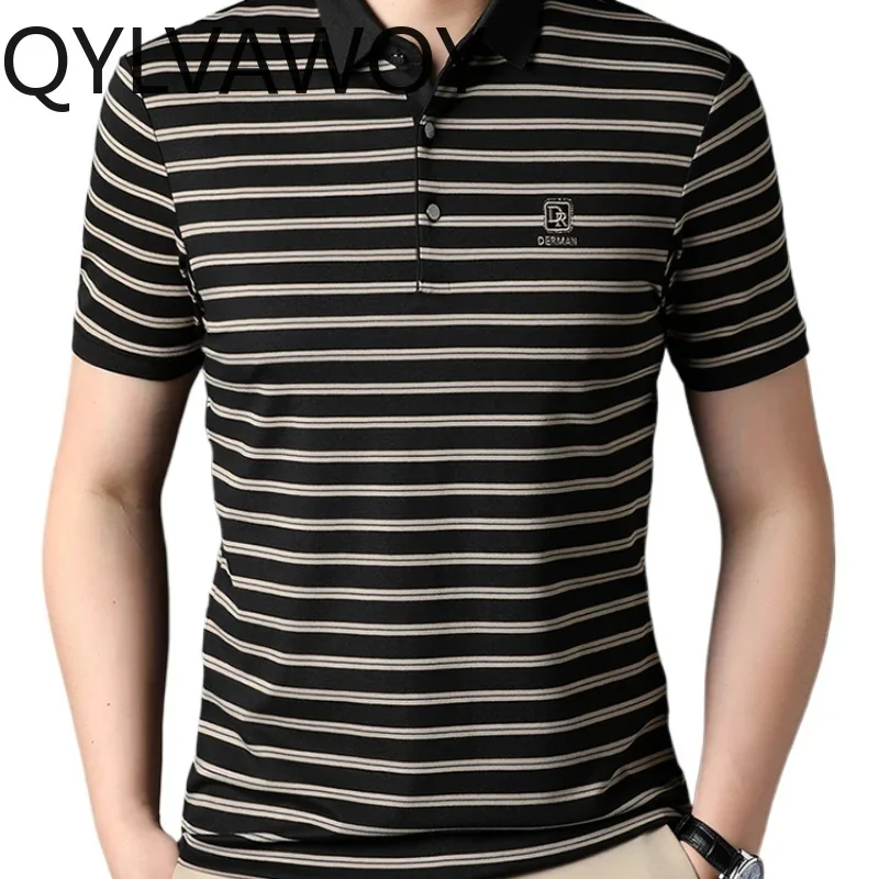 QYLVAWOY 47% Cotton T-Shirts for Men Summer Clothes Mens T Shirts Business Casual Short Sleeve Top Striped 2025 Camisa Masculina