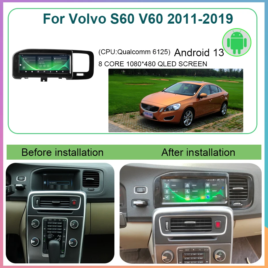 Android 13 8.8 Inch  8 Core 8+256GB For Volvo S60 V60 2011-2019 Car Radio Player Carplay Navigation GPS WIFI 4G