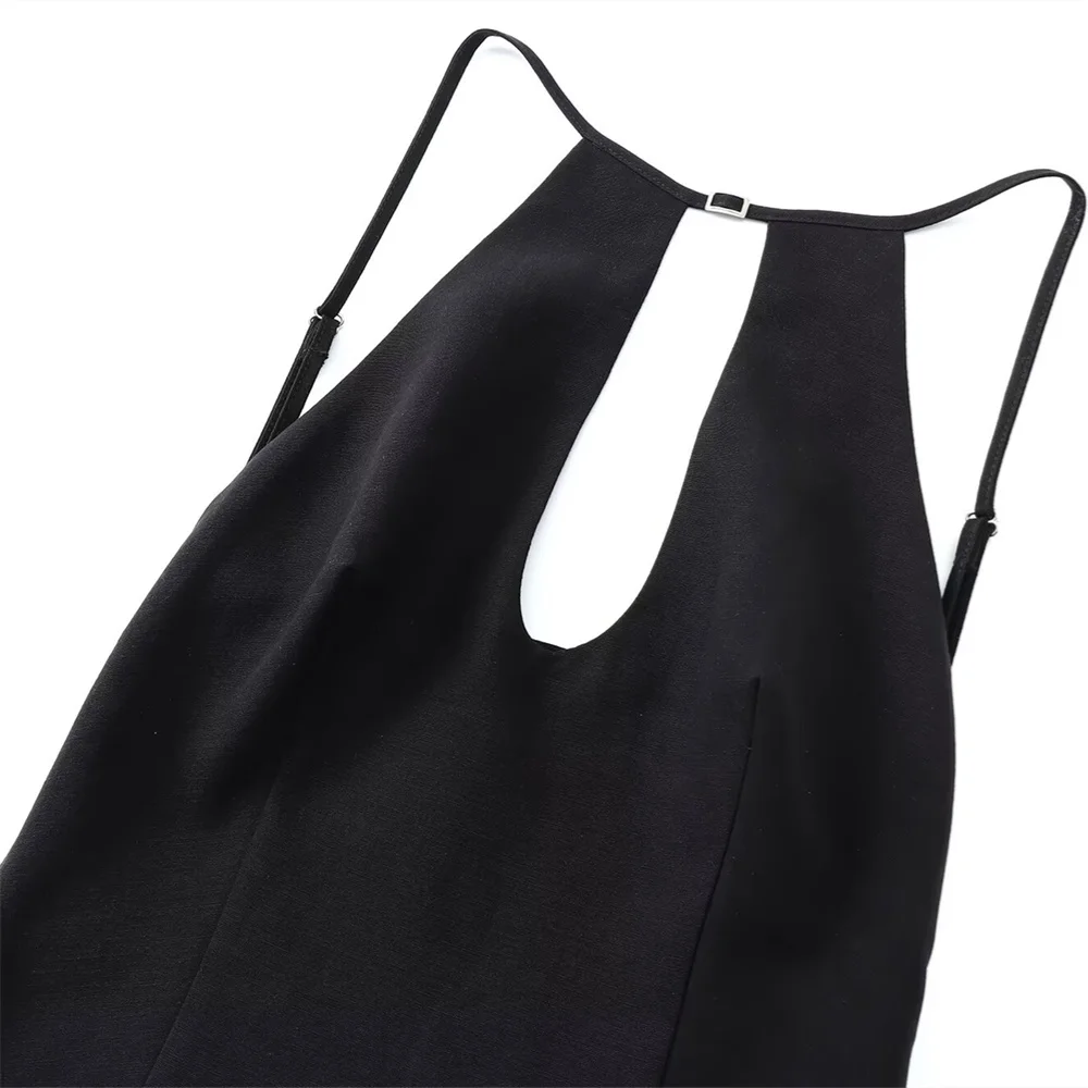 Taop&Za 2024 Summer New Product Women\'s Fashion and Elegance Slim Fit Off Back Buckle Decoration Hanging Neck Neck Dress