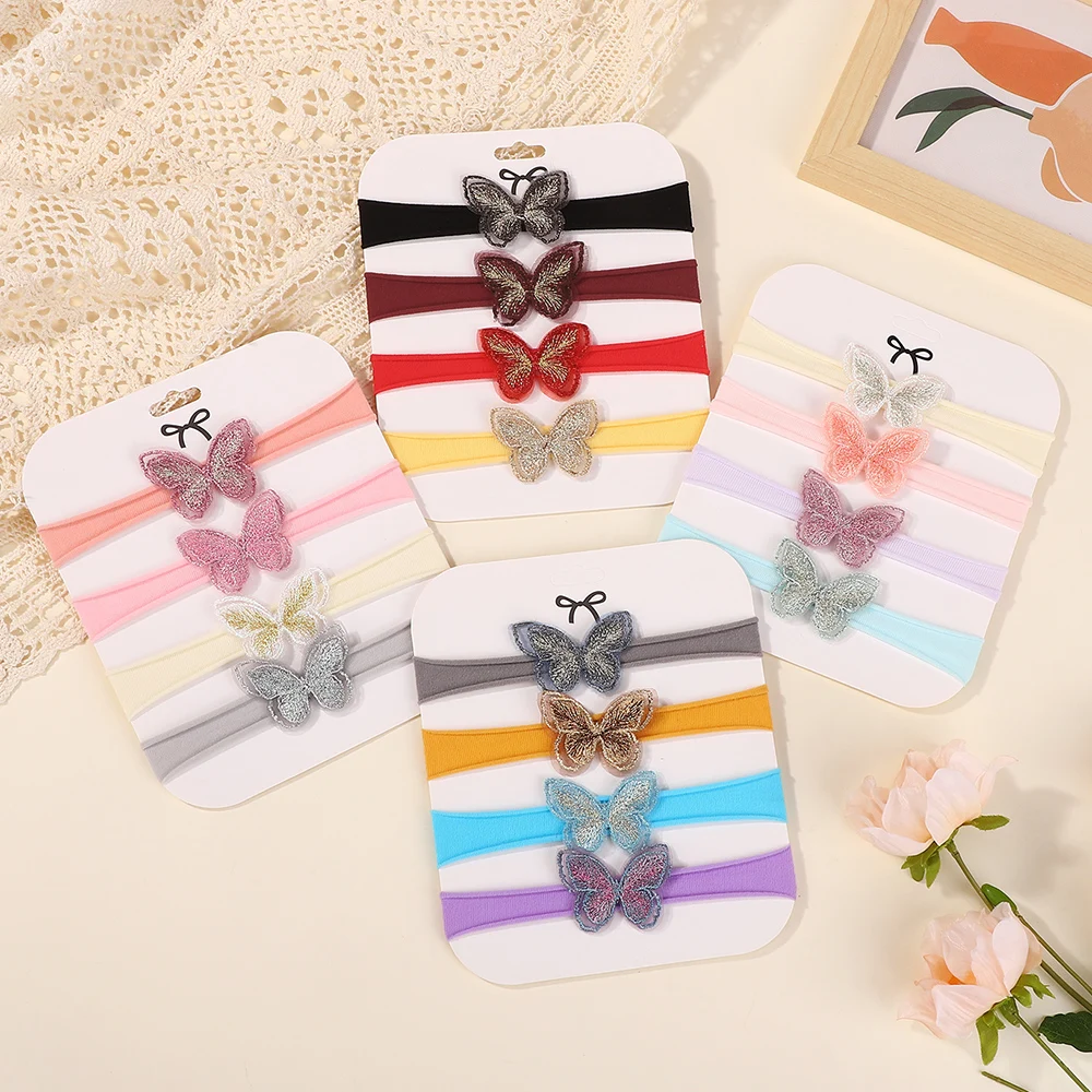 

4 шт./компл. красочные кружевные резинки для волос с бабочками для маленьких девочек, милые нейлоновые эластичные мягкие резинки для волос для декора фотографии